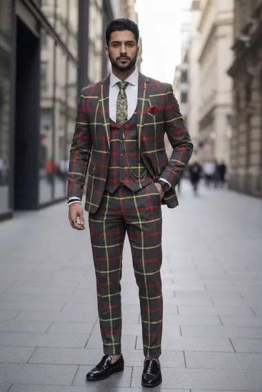 Costum barbati slim fit in carouri B7917 81